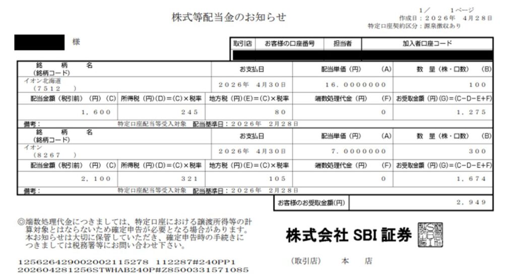 2026年4月 イオン配当金のお知らせ