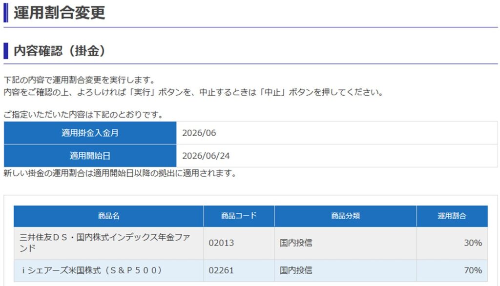 掛金配分変更の確認画面(国内30/海外70)