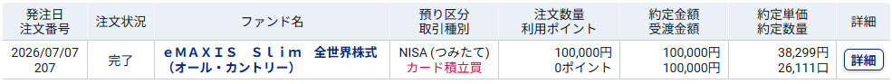SBI証券 妻のNISA口座 2026年7月の買い付け履歴
